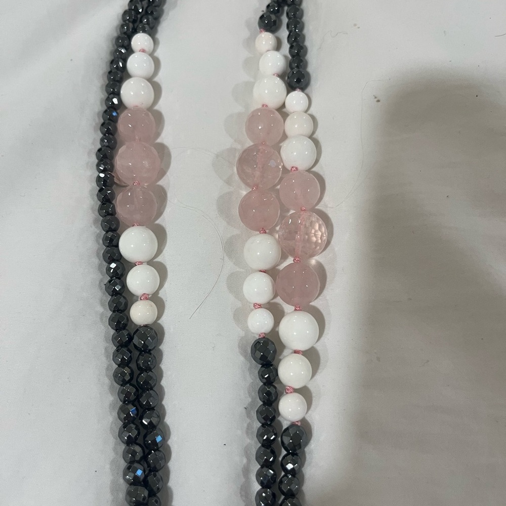Black Spinel, pink and white beaded Necklace 36"